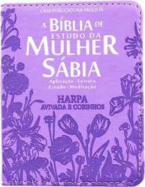 Bíblia da mulher sábia de bolsa - flores - lilás com harpa