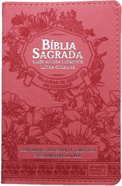 Bblia Letra Grande Capa PU Luxo floral  rosa