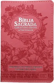 B�blia Letra Grande Capa PU Luxo floral  rosa