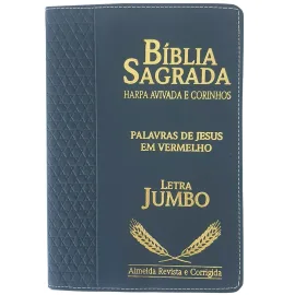 B�blia Jumbo Luxo Azul Lateral Duorada Full Collor Com Harpa Palavras de Deus em Azul e Jesus em Vermelho