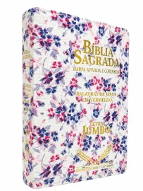 B�blia Jumbo Luxo Floral  Lateral Duorada Full Collor Com Harpa Palavras de Deus em Azul e Jesus em Vermelho