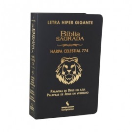 B�blia com Harpa 774  Letra Hipergigante Luxo Preta Leao Palavras de Jesus Em vermelho