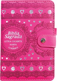 Biblia Carteira Caneta Pu Letra Gigante Com Harpa Pink