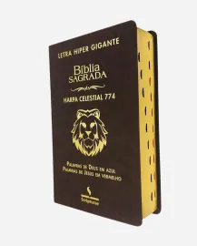 B�blia com Harpa 774 Letra Hipergigante Luxo Vermelho Leao marrom Palavras de Jesus Em vermelho